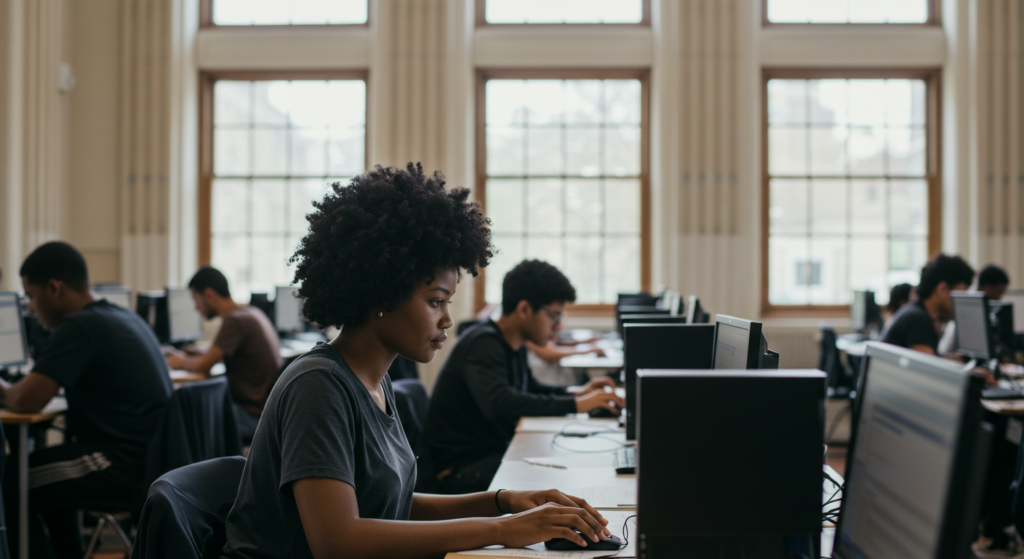 A black student taking the IELTS exam
