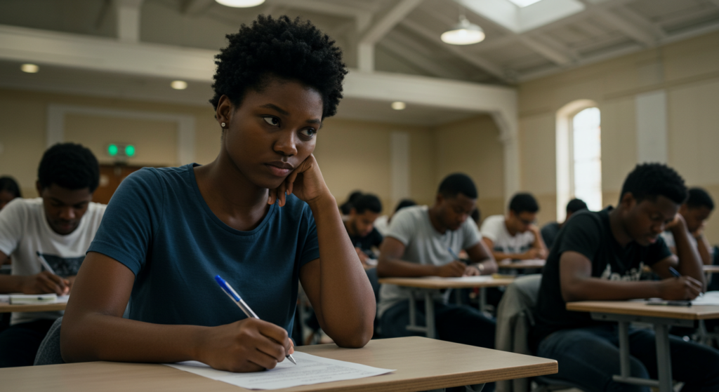 a black woman taking ielts test